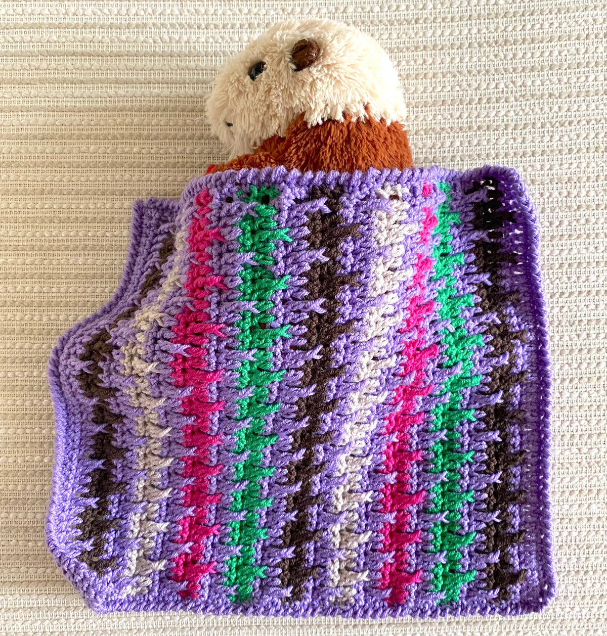 Multi-Colored Post Crochet Blanket for Small Dolls and Stuffed Animals - 11" x 11"
