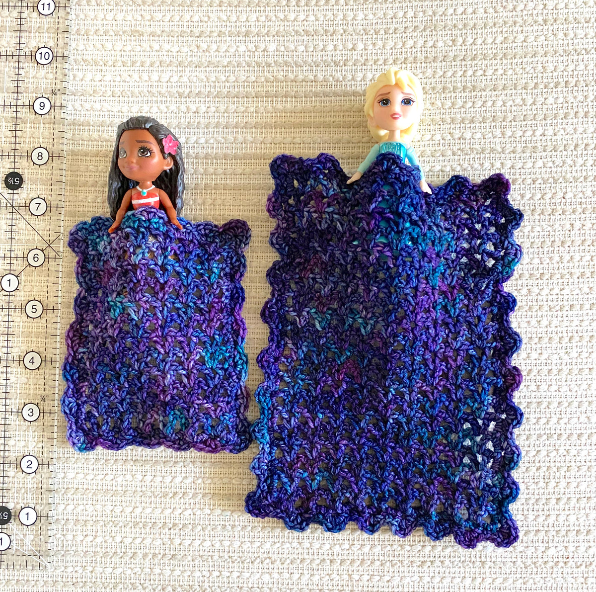 Miniature Crochet Blanket for Dollhouses & Tiny Stuffed Animals – Purple and Blue, Scalloped Edge, 2 Sizes