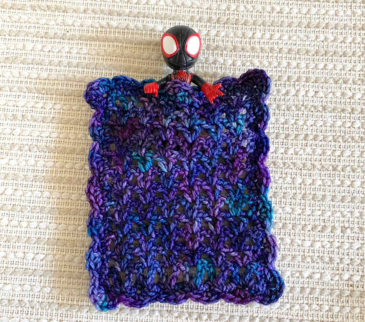 Miniature Crochet Blanket for Dollhouses & Tiny Stuffed Animals – Purple and Blue, Scalloped Edge, 2 Sizes