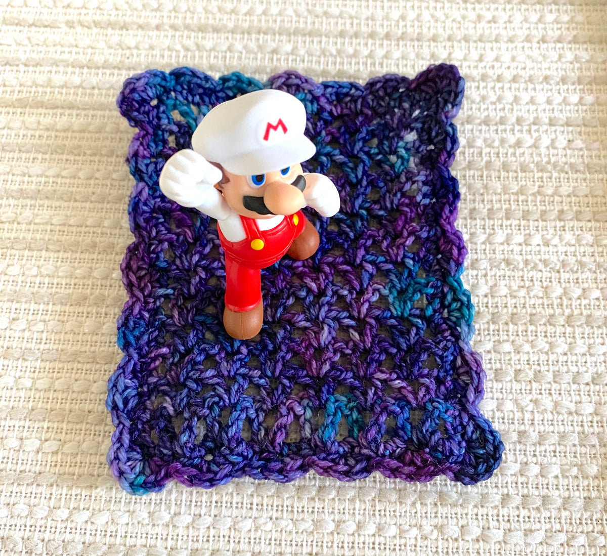 Miniature Crochet Blanket for Dollhouses & Tiny Stuffed Animals – Purple and Blue, Scalloped Edge, 2 Sizes