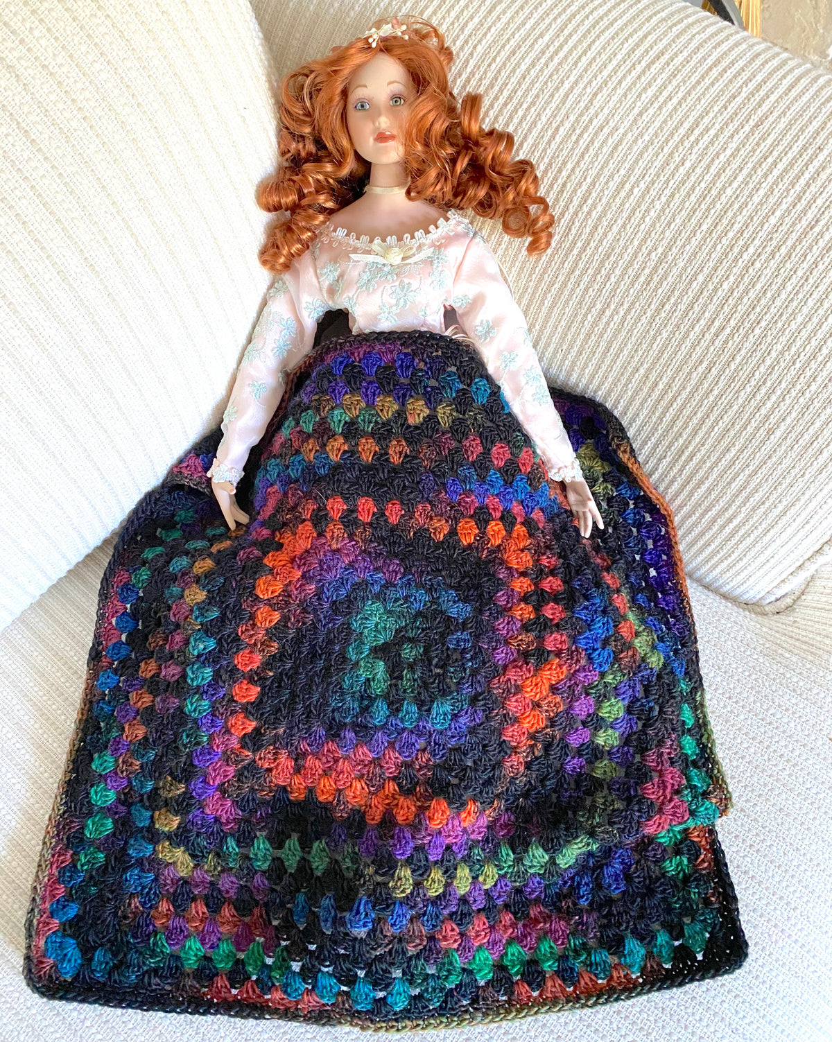 Jewel-Tone Granny Square Crochet Blanket for Dolls & Stuffed Animals, 17" x 17"