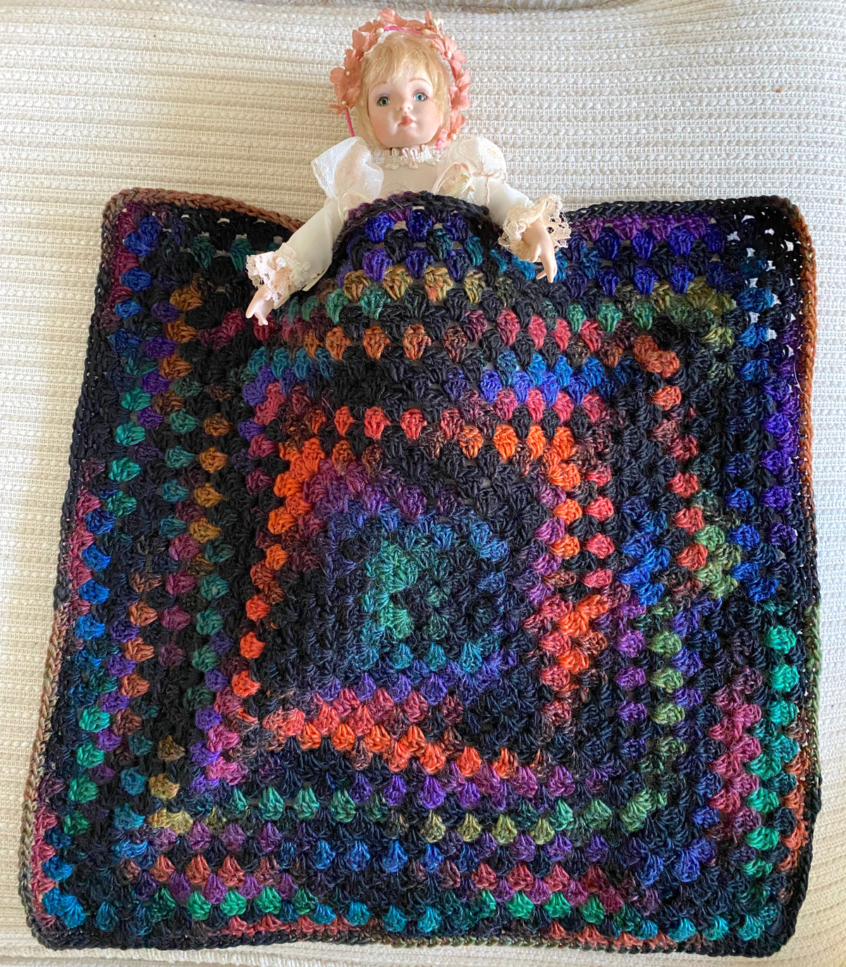 Jewel-Tone Granny Square Crochet Blanket for Dolls & Stuffed Animals, 17" x 17"