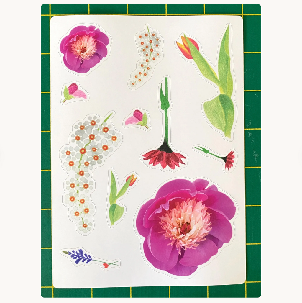 Flower Sticker Sheet: Peony, Tulip, Chokecherry, Wildflowers, Gerbera Daisy, Sweet Pea Bud