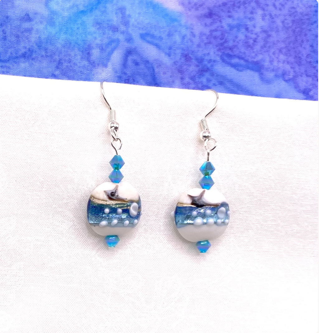 Aqua Lampwork Glass Earrings: Swarovski Crystal Drop Earrings