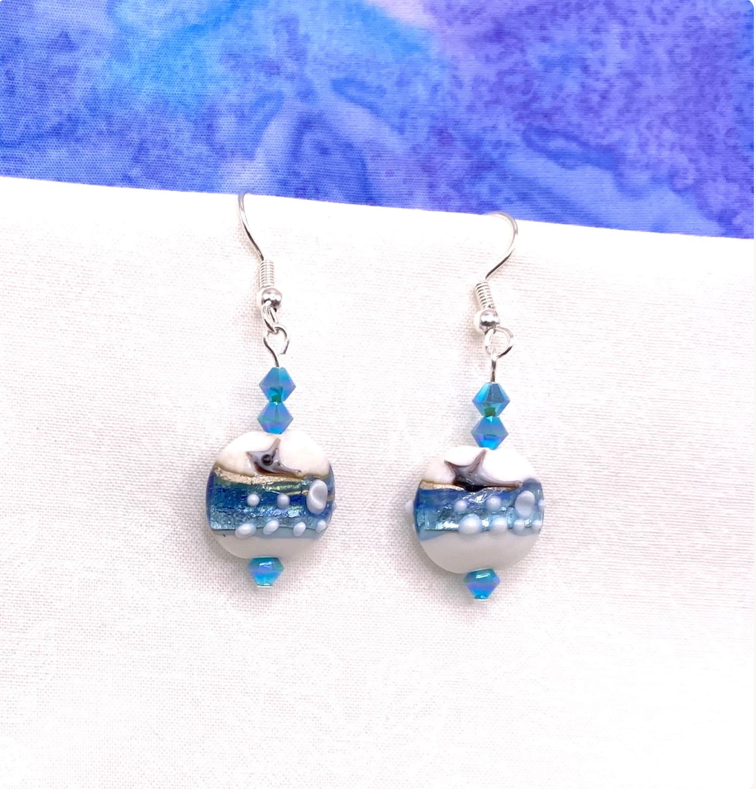 Aqua Lampwork Glass Earrings: Swarovski Crystal Drop Earrings