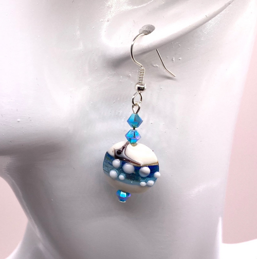 Aqua Lampwork Glass Earrings: Swarovski Crystal Drop Earrings