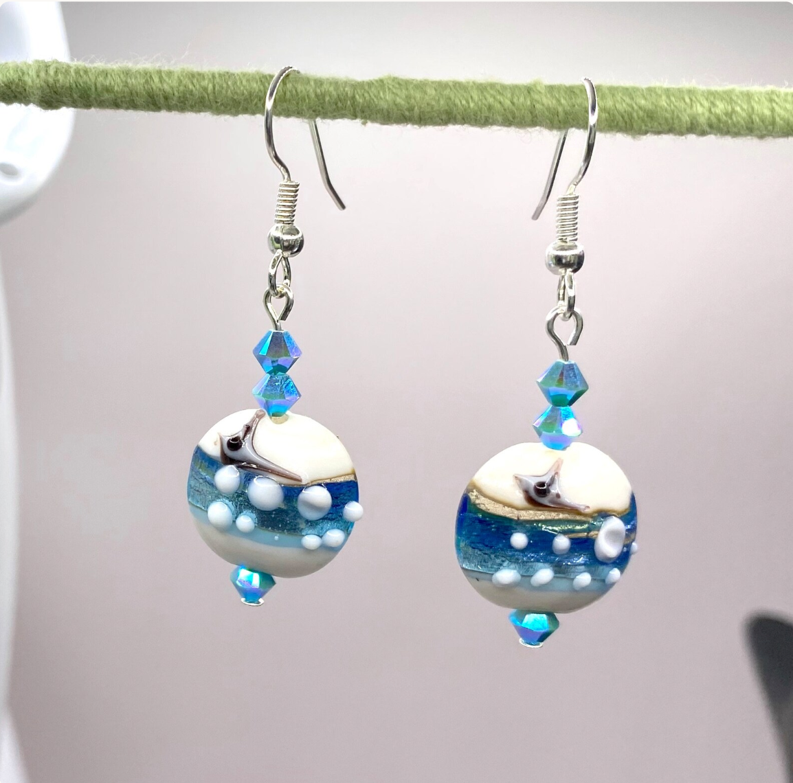 Aqua Lampwork Glass Earrings: Swarovski Crystal Drop Earrings