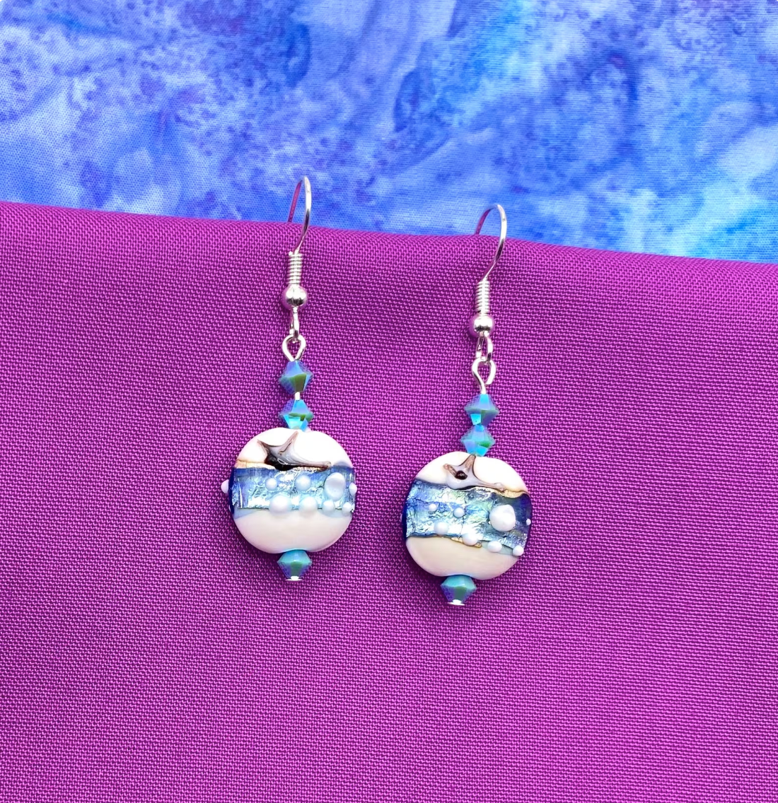 Aqua Lampwork Glass Earrings: Swarovski Crystal Drop Earrings