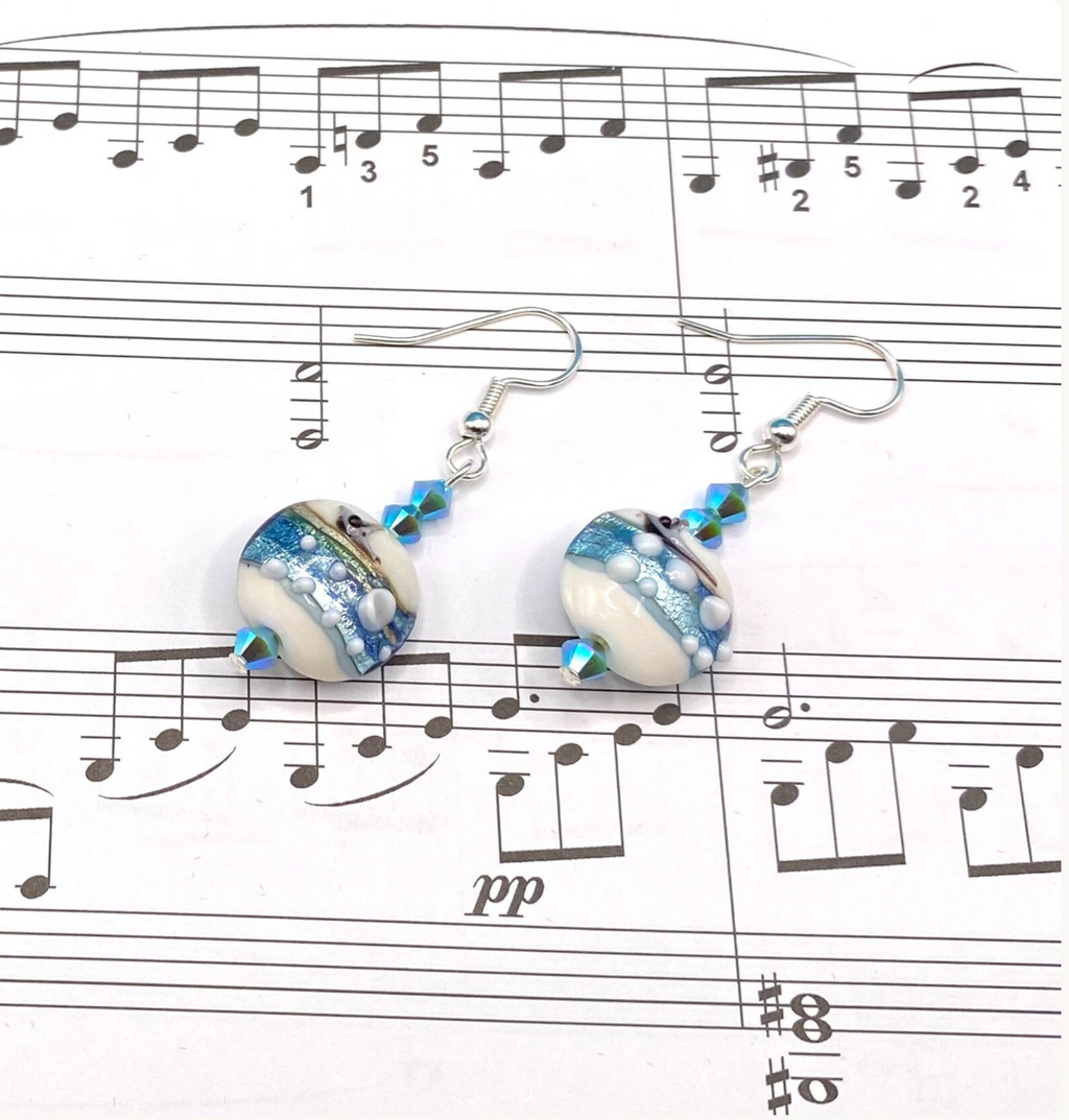 Aqua Lampwork Glass Earrings: Swarovski Crystal Drop Earrings