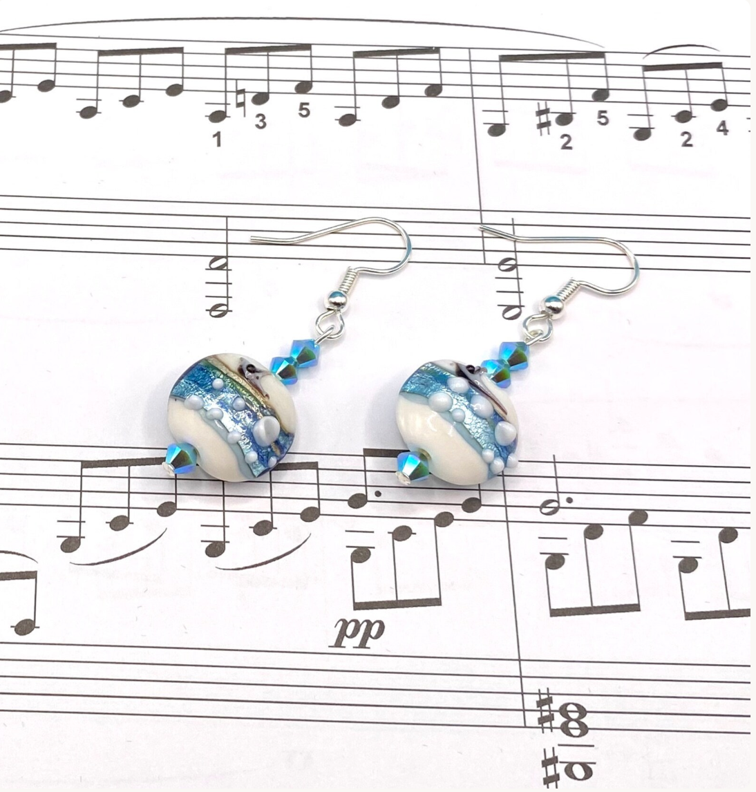 Aqua Lampwork Glass Earrings: Swarovski Crystal Drop Earrings