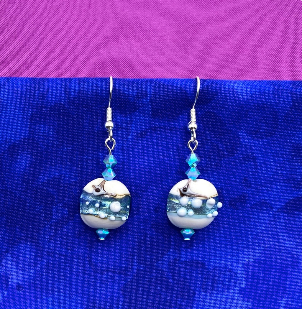 Aqua Lampwork Glass Earrings: Swarovski Crystal Drop Earrings