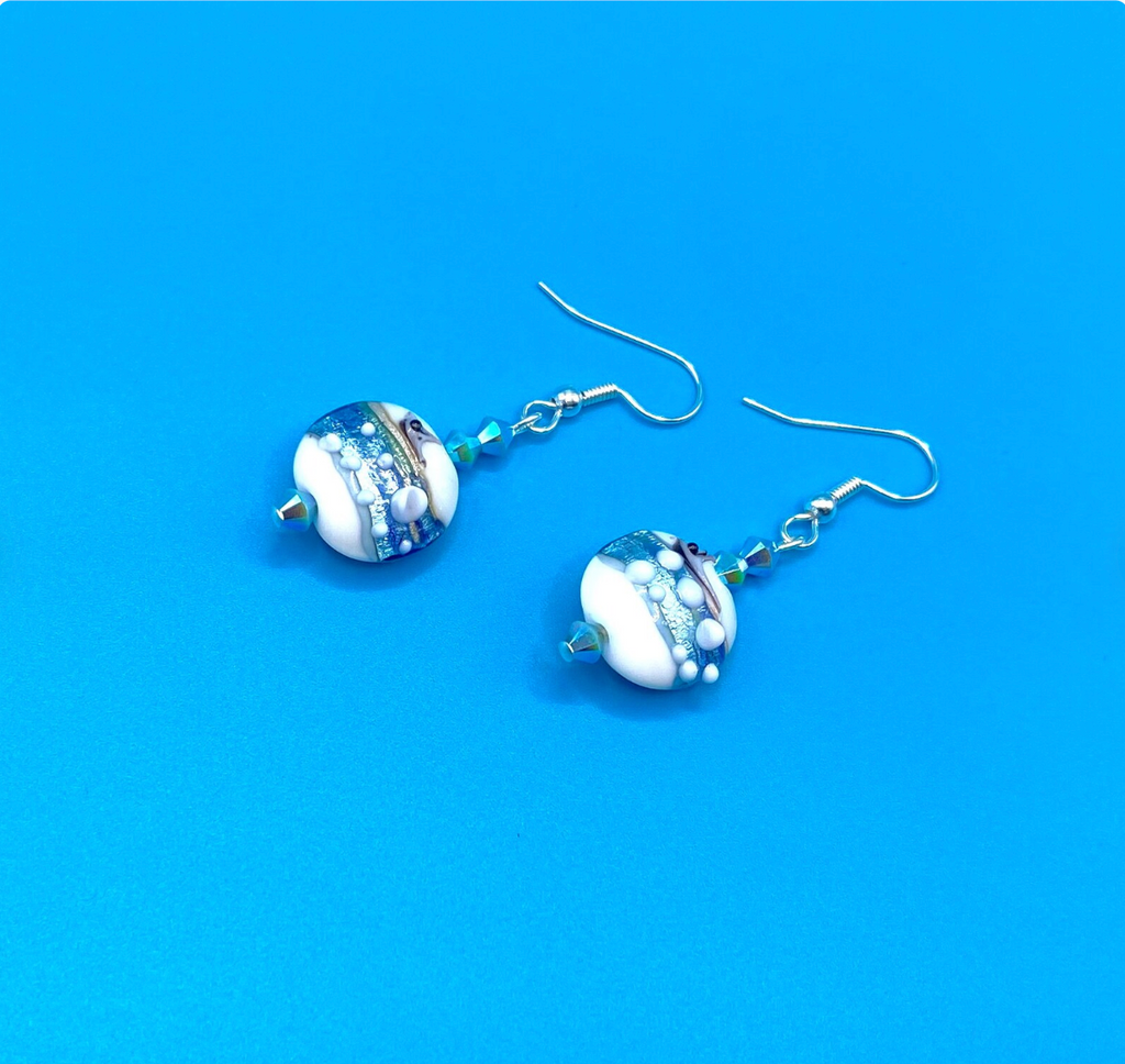 Aqua Lampwork Glass Earrings: Swarovski Crystal Drop Earrings
