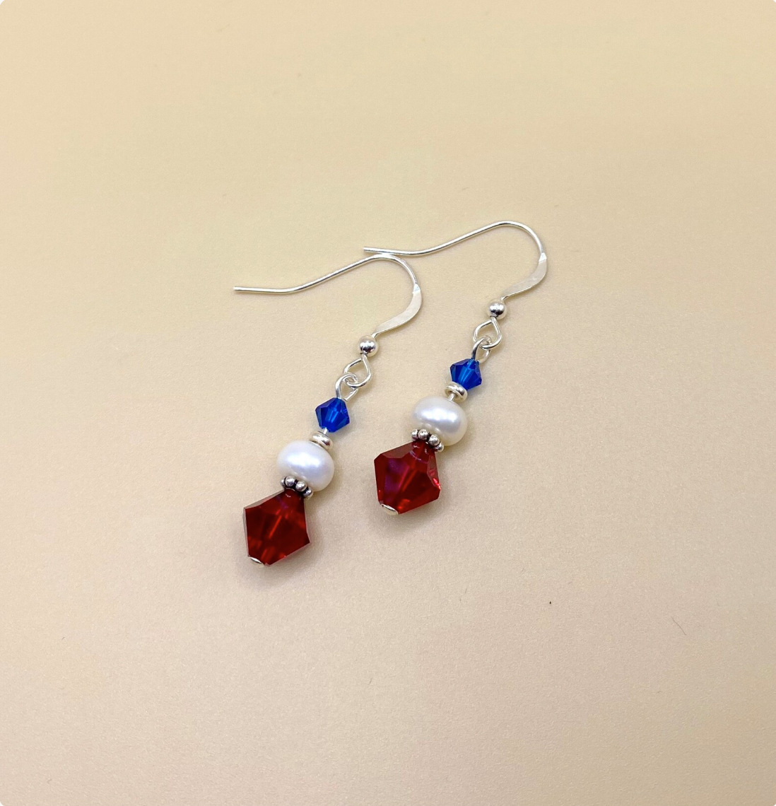 Patriotic Red White Blue Swarovski Crystal and Pearl Dangle Earrings