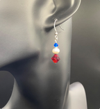 Patriotic Red White Blue Swarovski Crystal and Pearl Dangle Earrings