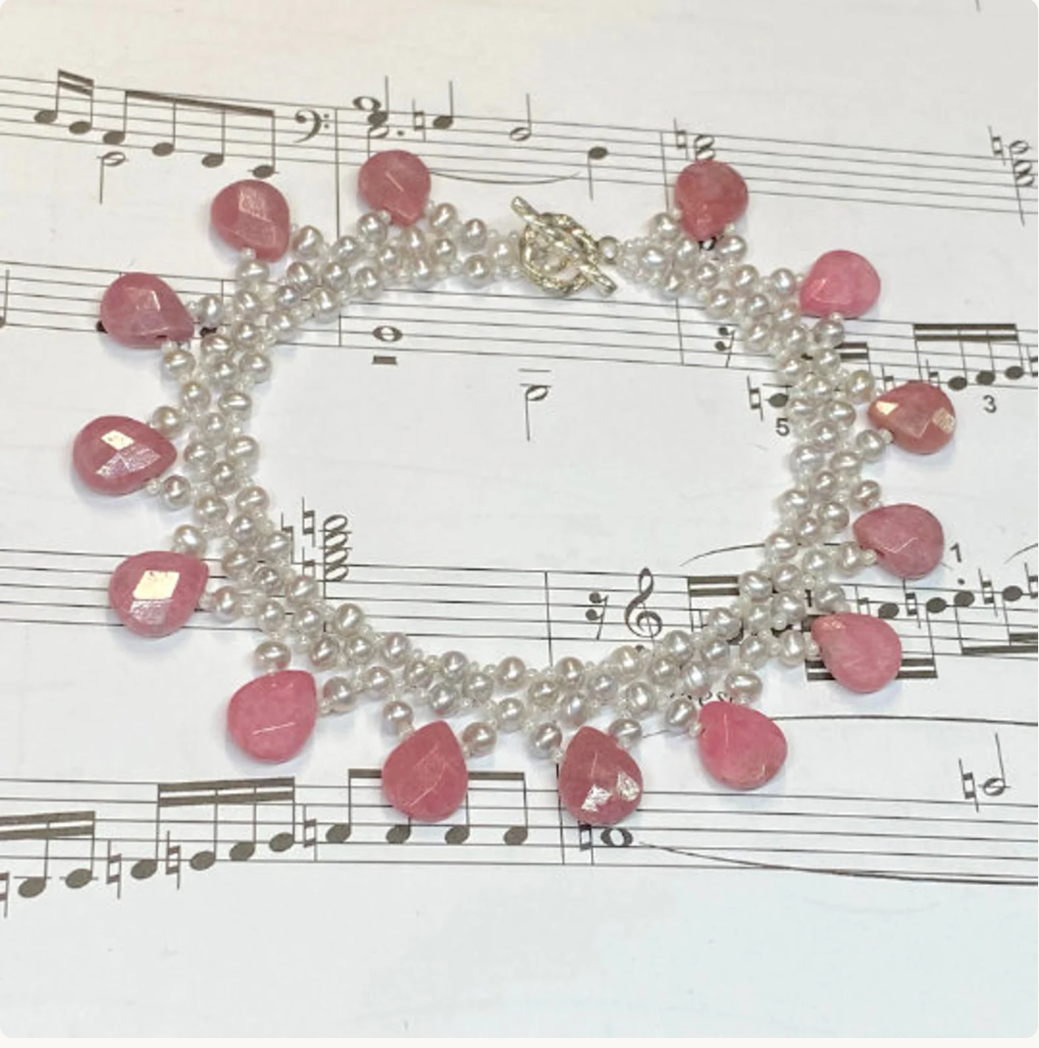 Woven Rhodonite & Freshwater Pearl Bracelet: Sterling Silver Clasp