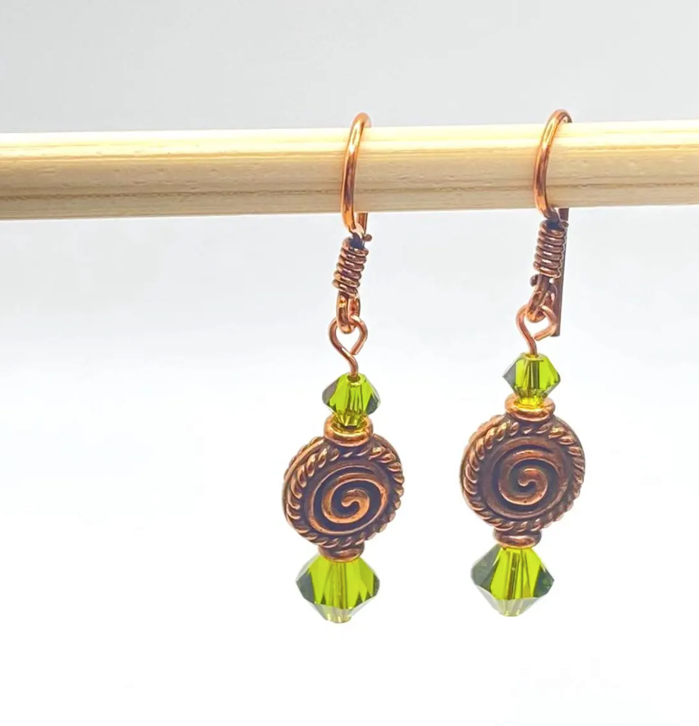 Copper Swirl and Olivine Swarovski Crystal Earrings