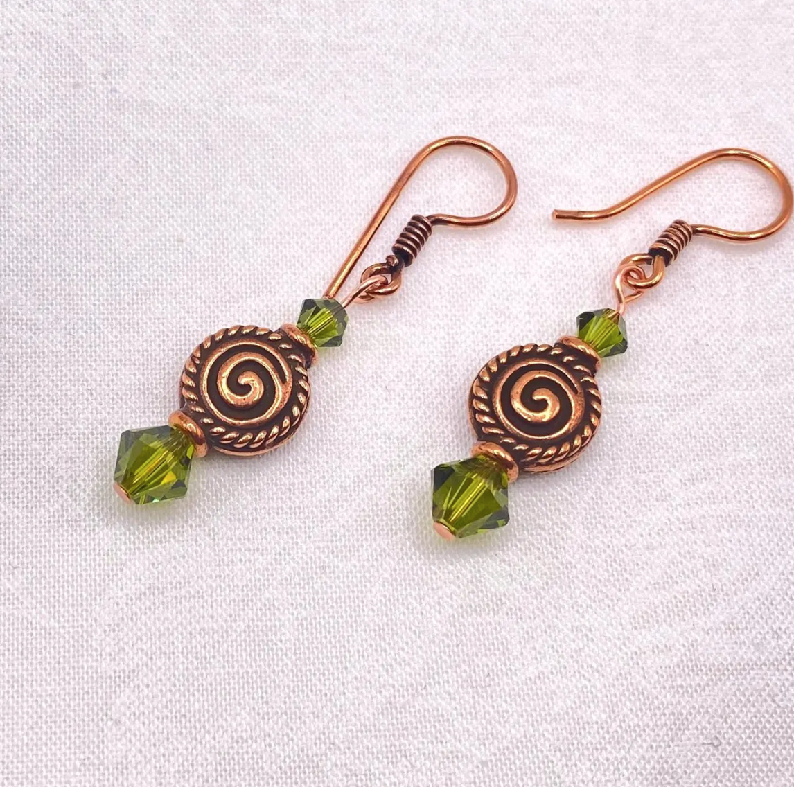 Copper Swirl and Olivine Swarovski Crystal Earrings
