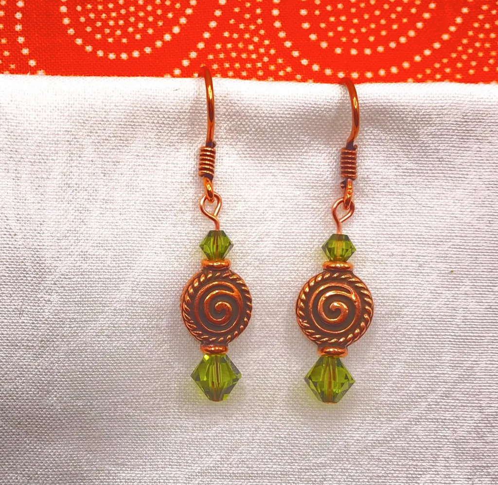 Copper Swirl and Olivine Swarovski Crystal Earrings