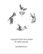 A copyright page for a composition notebook in black and white featuring four hand-drawn hummingbirds arranged in a circle, with copyright text for Nina Ashton and DoodleArts.com at the bottom.
