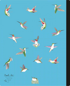 The back cover of a college ruled composition notebook featuring multiple illustrated hummingbirds in flight on a bright blue background, with a small nest at the bottom and the signature 'Doodle Artis' in the lower left.