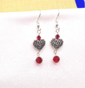 Silver Scroll Heart Red Crystal Earrings