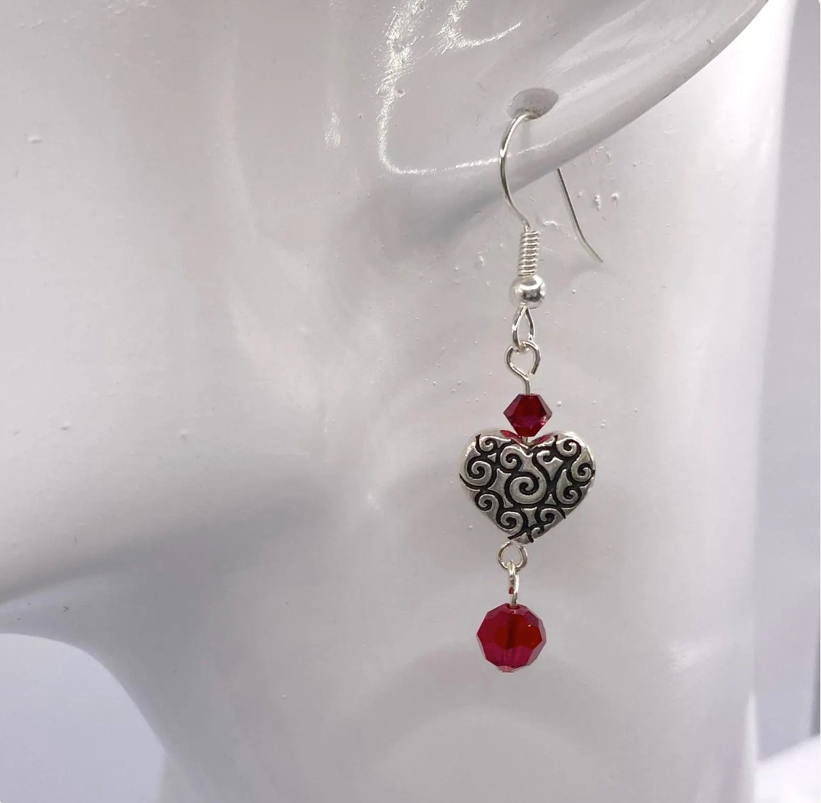 Silver Scroll Heart Red Crystal Earrings