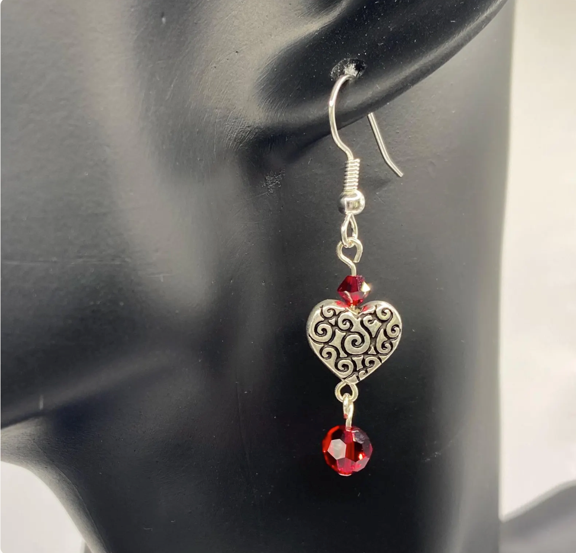 Silver Scroll Heart Red Crystal Earrings