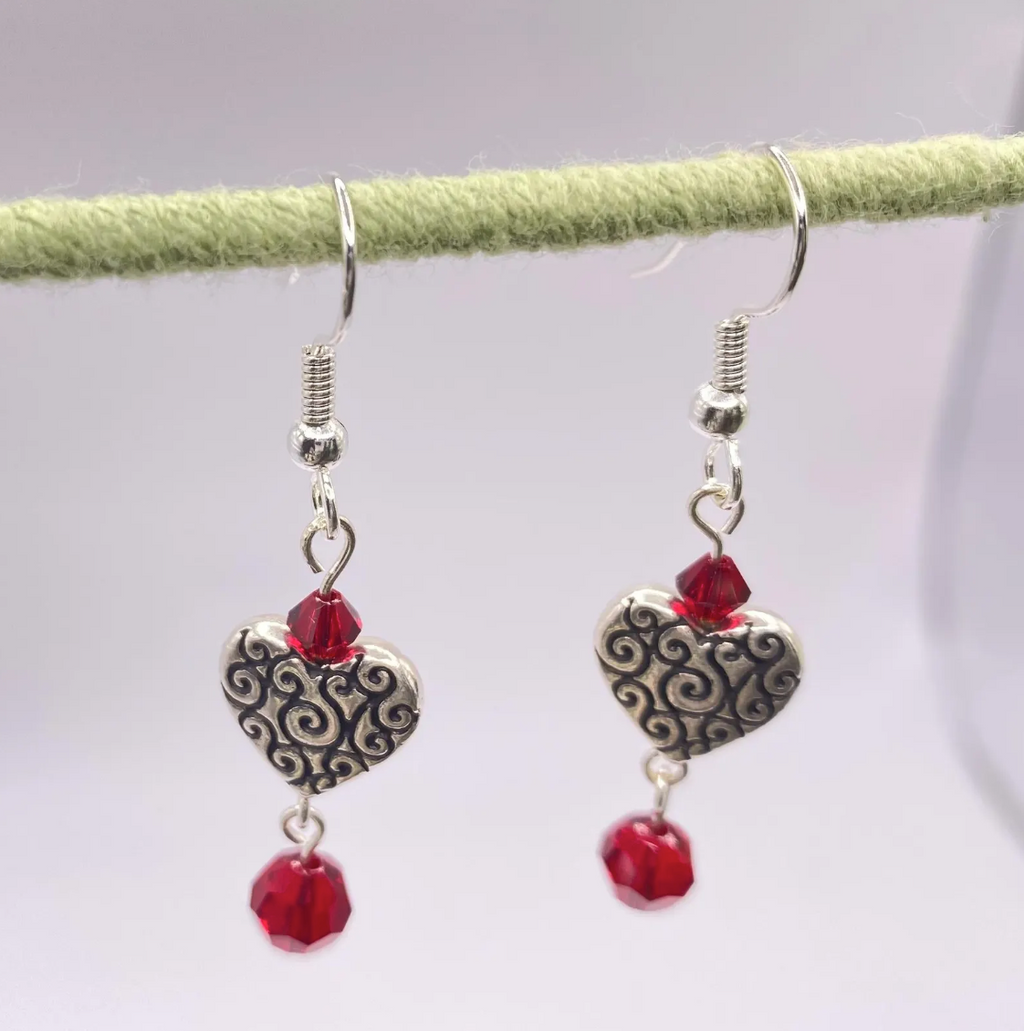 Silver Scroll Heart Red Crystal Earrings