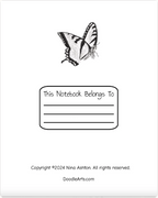 A bookplate page featuring a black line drawing of a butterfly near the top, a labeled box with the text 'This Notebook Belongs To', copyright text reading 'Copyright ©2024 Nina Ashton. All rights reserved.