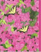 The back cover of a composition notebook featuring a vibrant illustration of pink flowers and green leaves with two yellow and black swallowtail butterflies. The brand name 'Doodle Arts' is written in cursive near the bottom left.