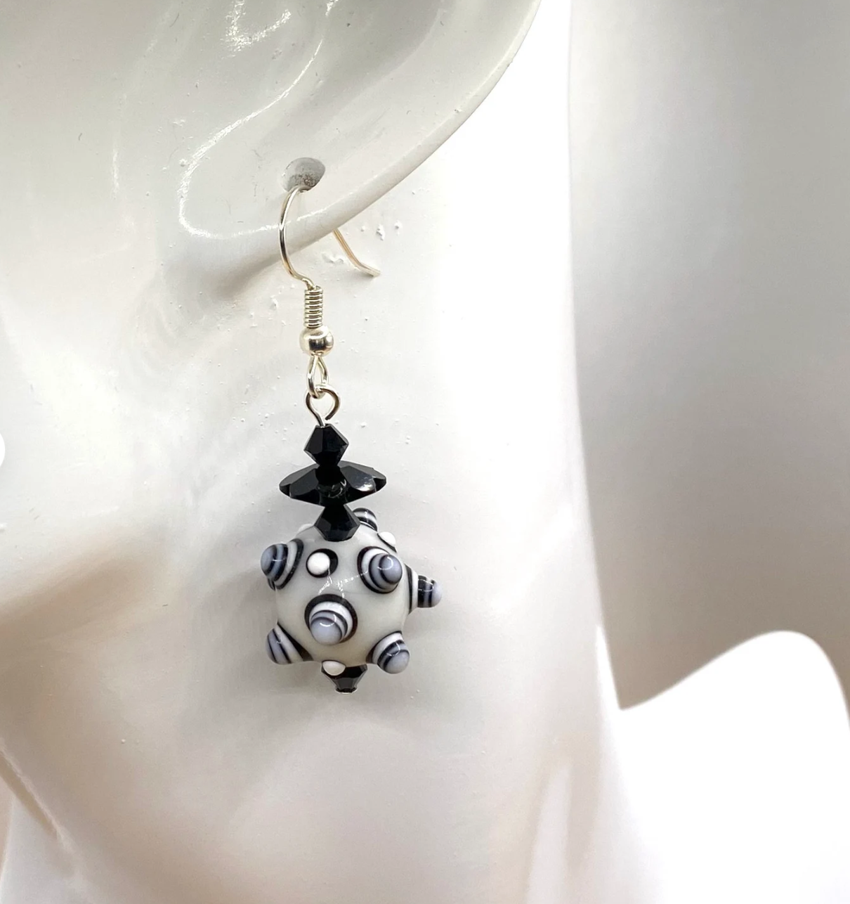 Black & White Bumpy Lampwork Earrings: Swarovski® Crystal Dangle