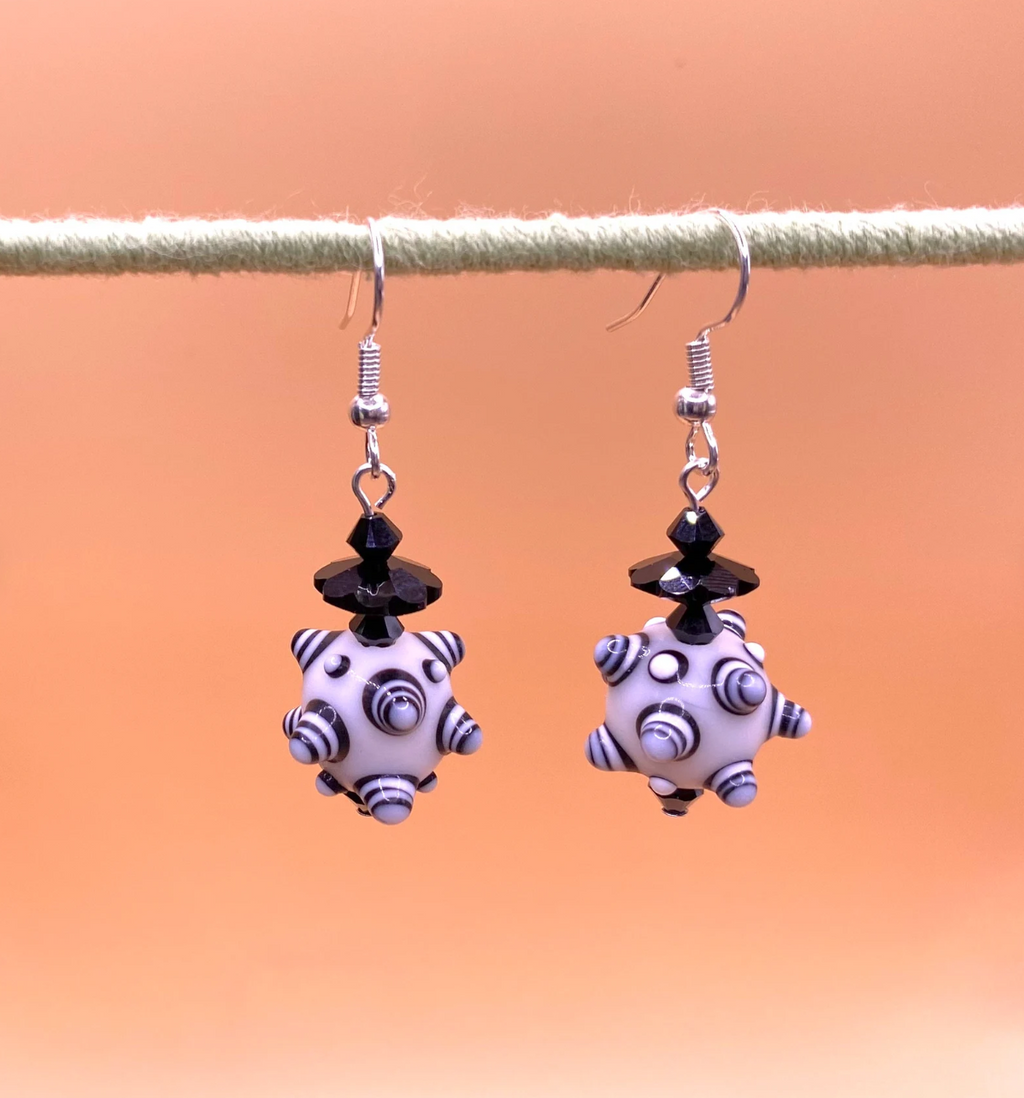 Black & White Bumpy Lampwork Earrings: Swarovski® Crystal Dangle