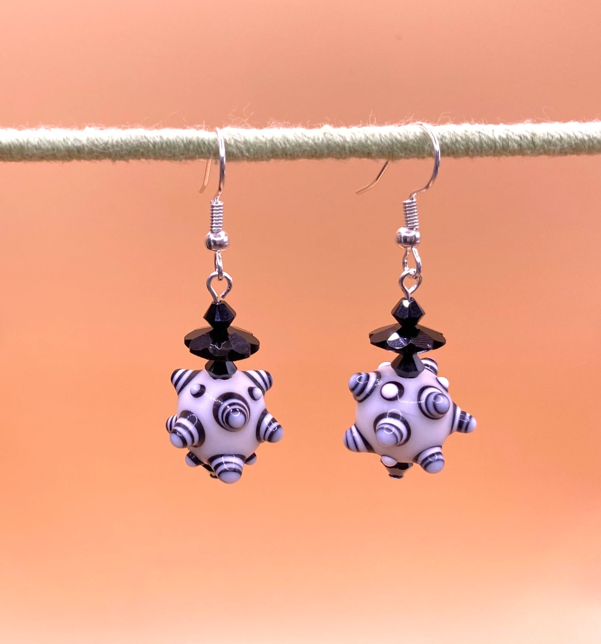 Black & White Bumpy Lampwork Earrings: Swarovski® Crystal Dangle