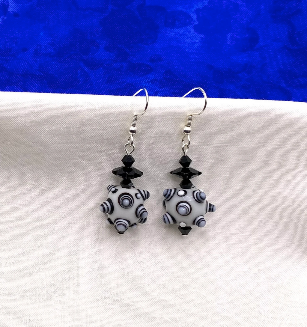 Black & White Bumpy Lampwork Earrings: Swarovski® Crystal Dangle