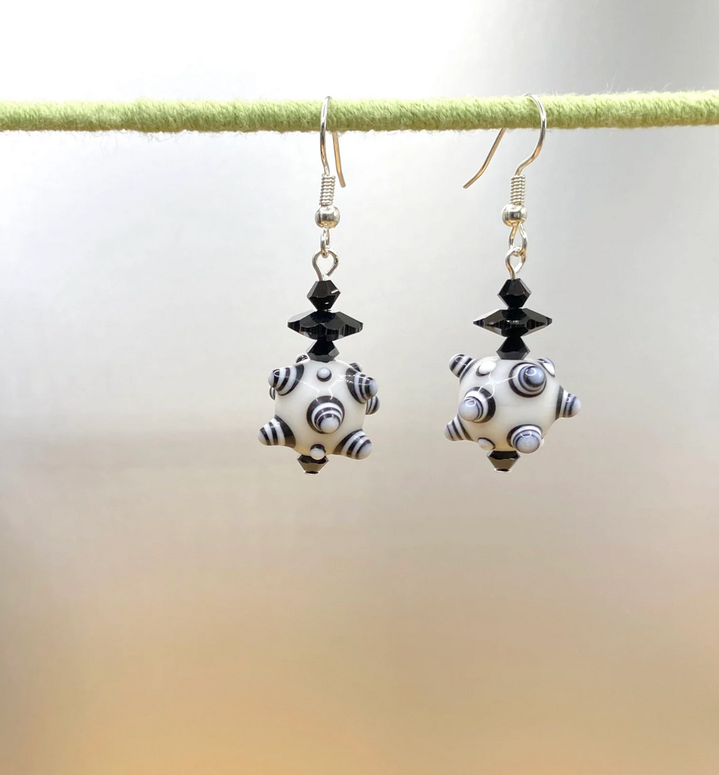 Black & White Bumpy Lampwork Earrings: Swarovski® Crystal Dangle