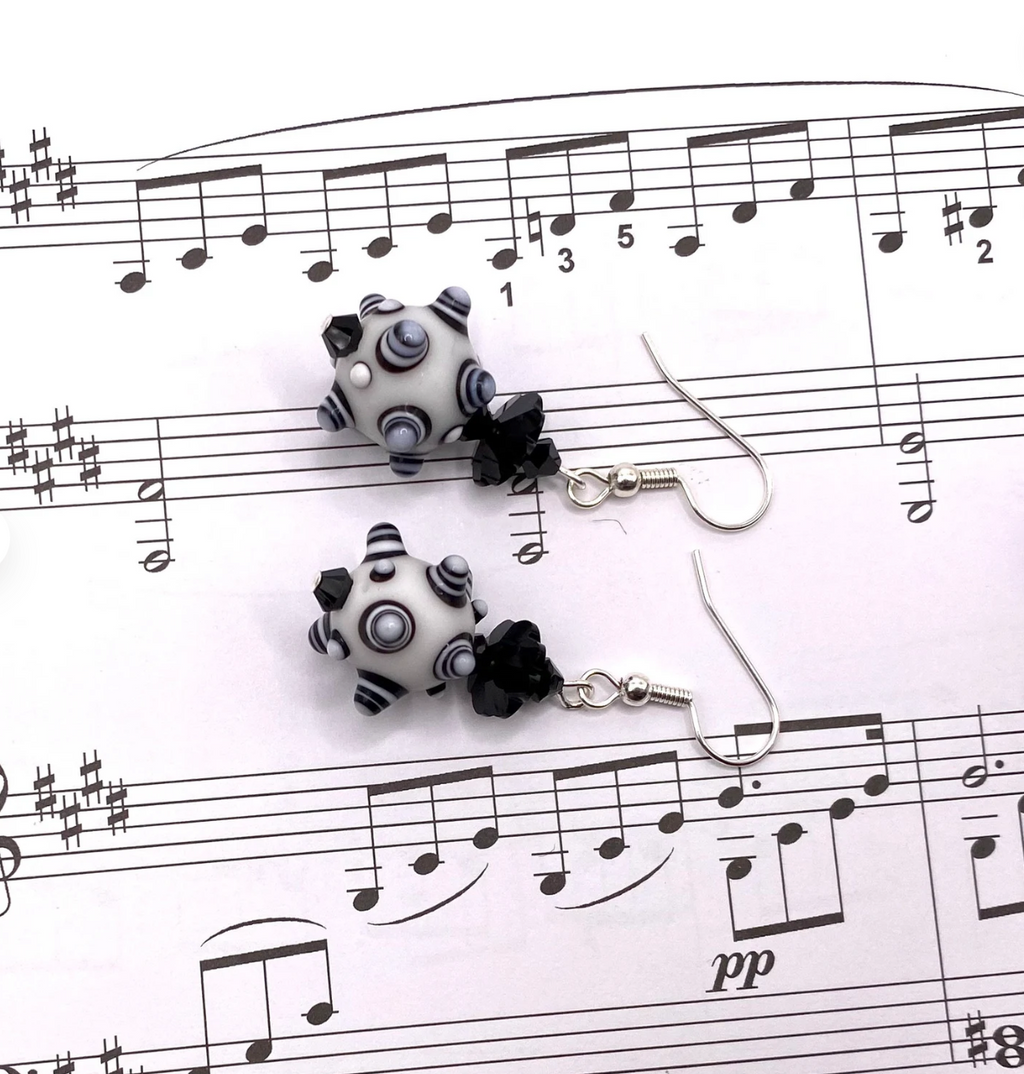 Black & White Bumpy Lampwork Earrings: Swarovski® Crystal Dangle