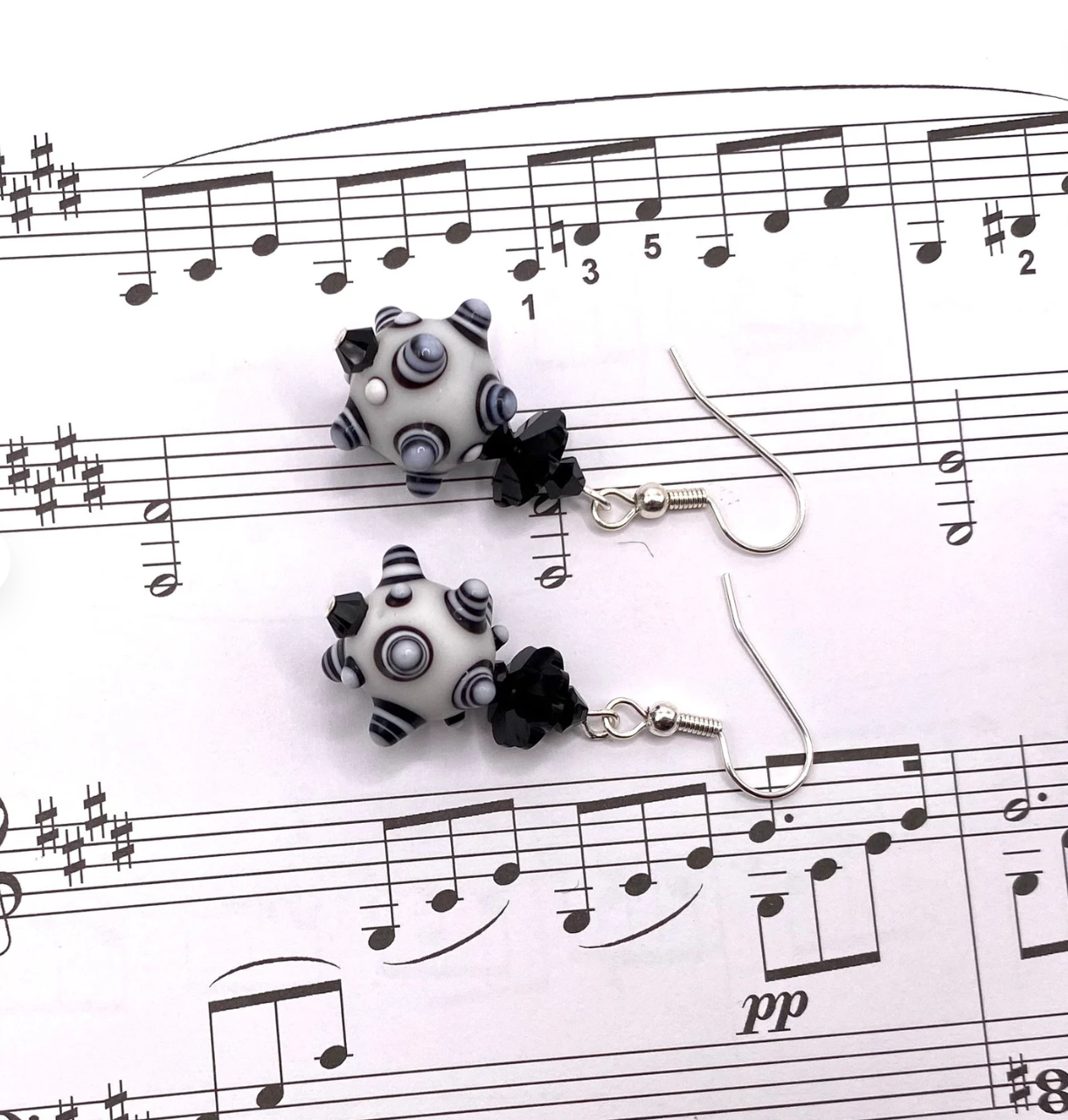 Black & White Bumpy Lampwork Earrings: Swarovski® Crystal Dangle