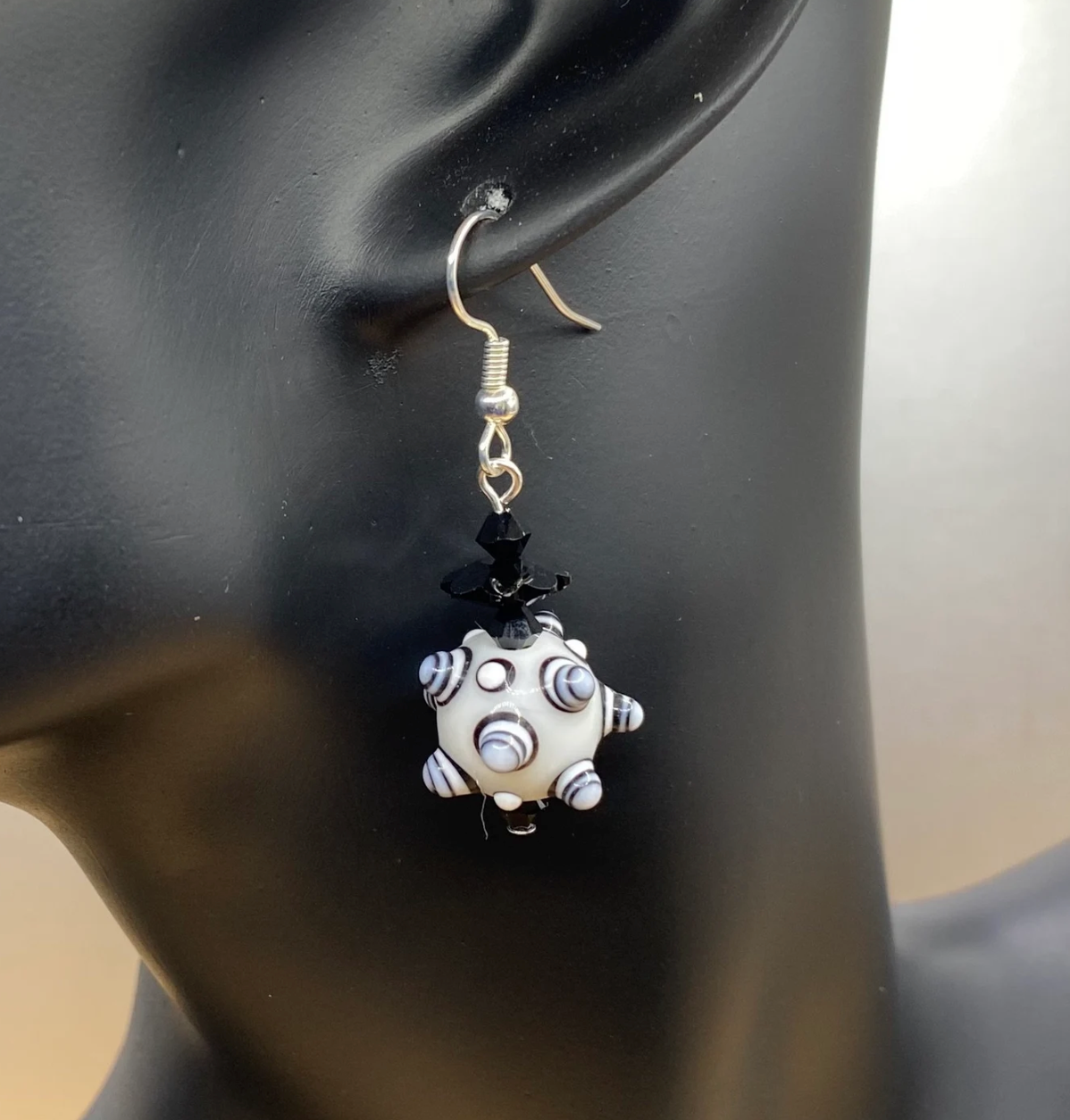 Black & White Bumpy Lampwork Earrings: Swarovski® Crystal Dangle