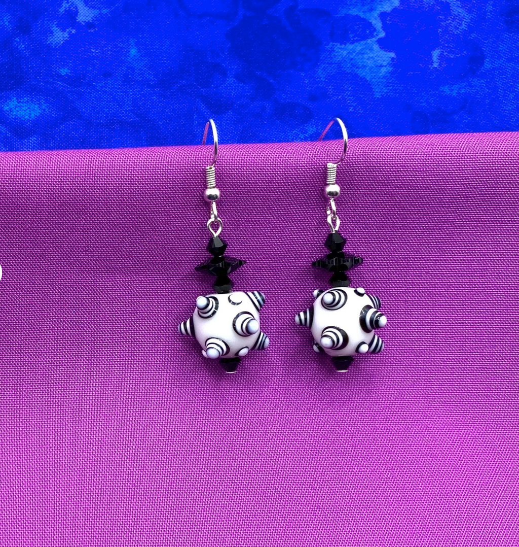 Black & White Bumpy Lampwork Earrings: Swarovski® Crystal Dangle