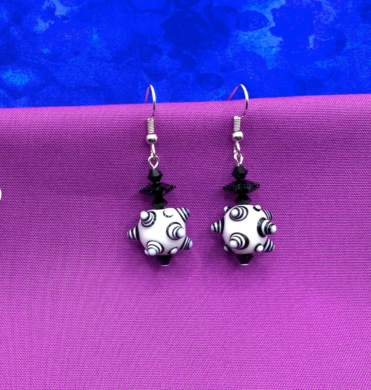 Black & White Bumpy Lampwork Earrings: Swarovski® Crystal Dangle