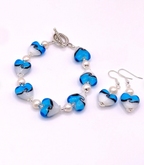 Blue and White Lampwork Heart and Freshwater Pearl Bracelet