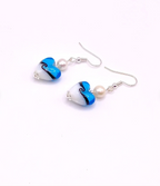 Blue and White Lampwork Heart and Freshwater Pearl Earrings