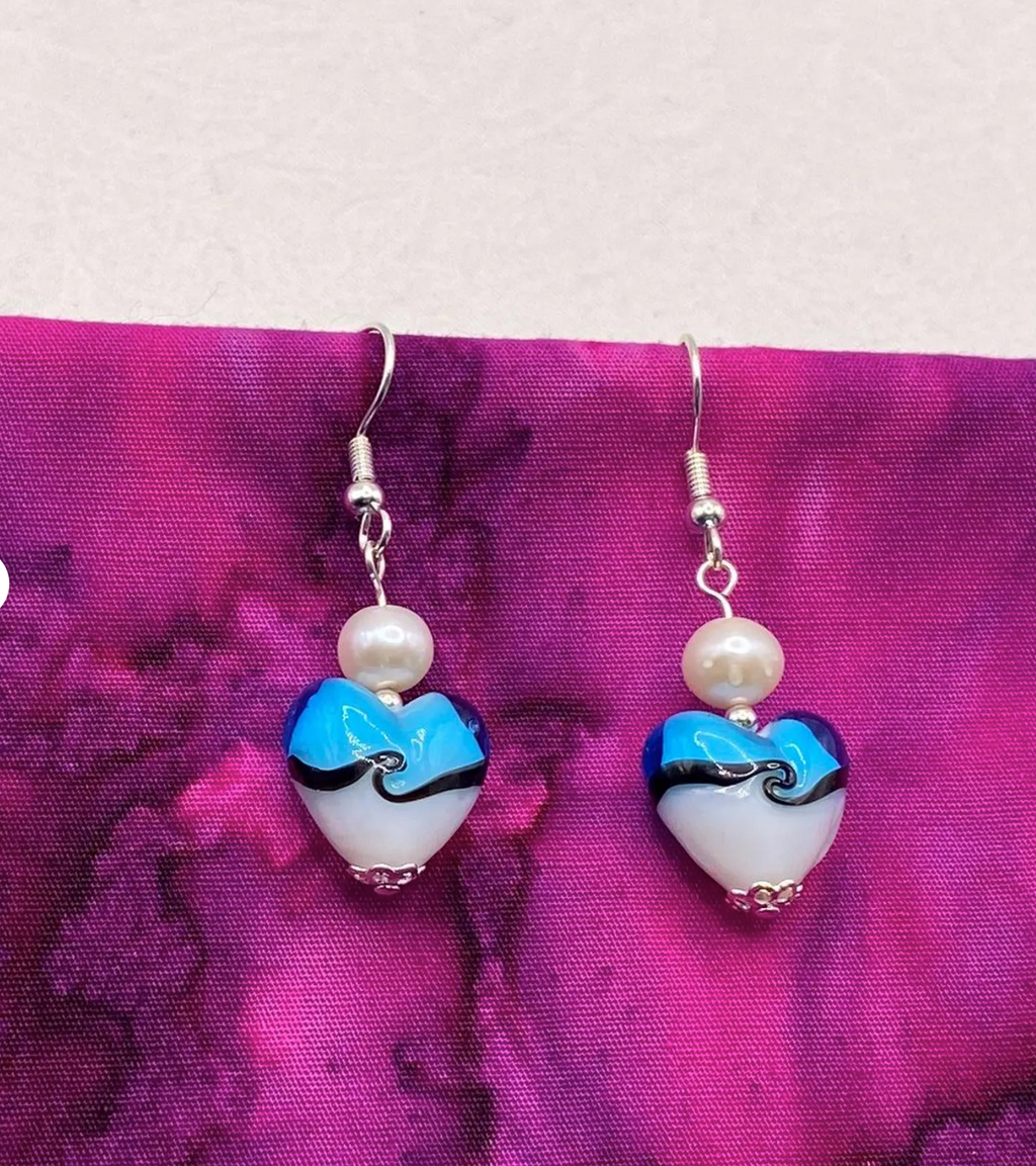 Blue and White Lampwork Heart and Freshwater Pearl Earrings