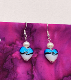 Blue and White Lampwork Heart and Freshwater Pearl Earrings