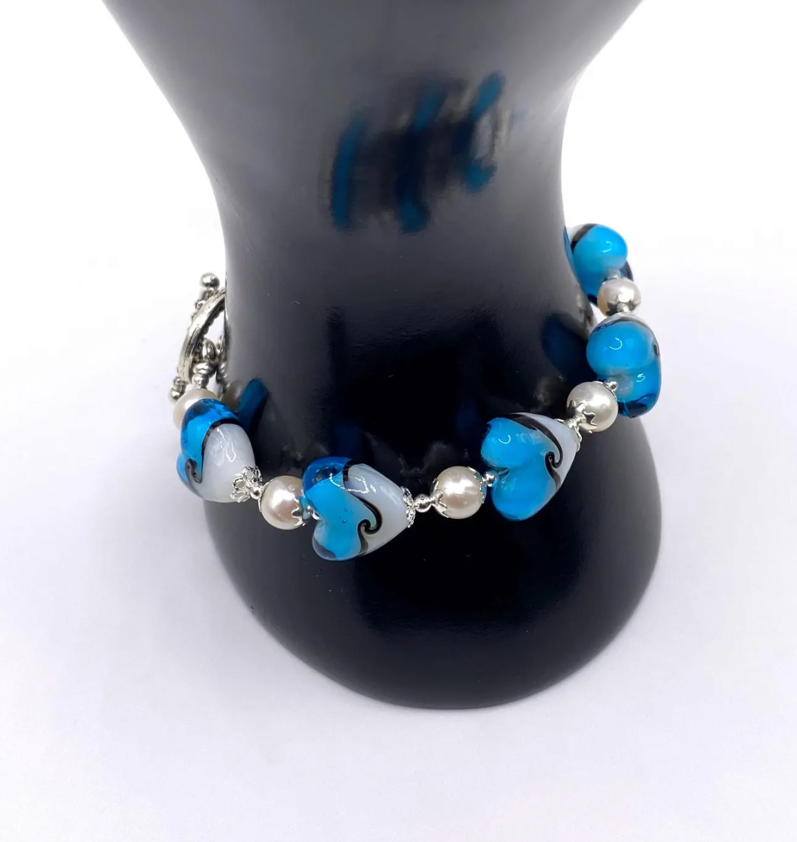 Blue and White Lampwork Heart and Freshwater Pearl Bracelet
