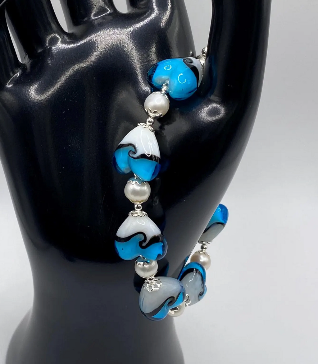 Blue and White Lampwork Heart and Freshwater Pearl Bracelet
