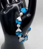 Blue and White Lampwork Heart and Freshwater Pearl Bracelet