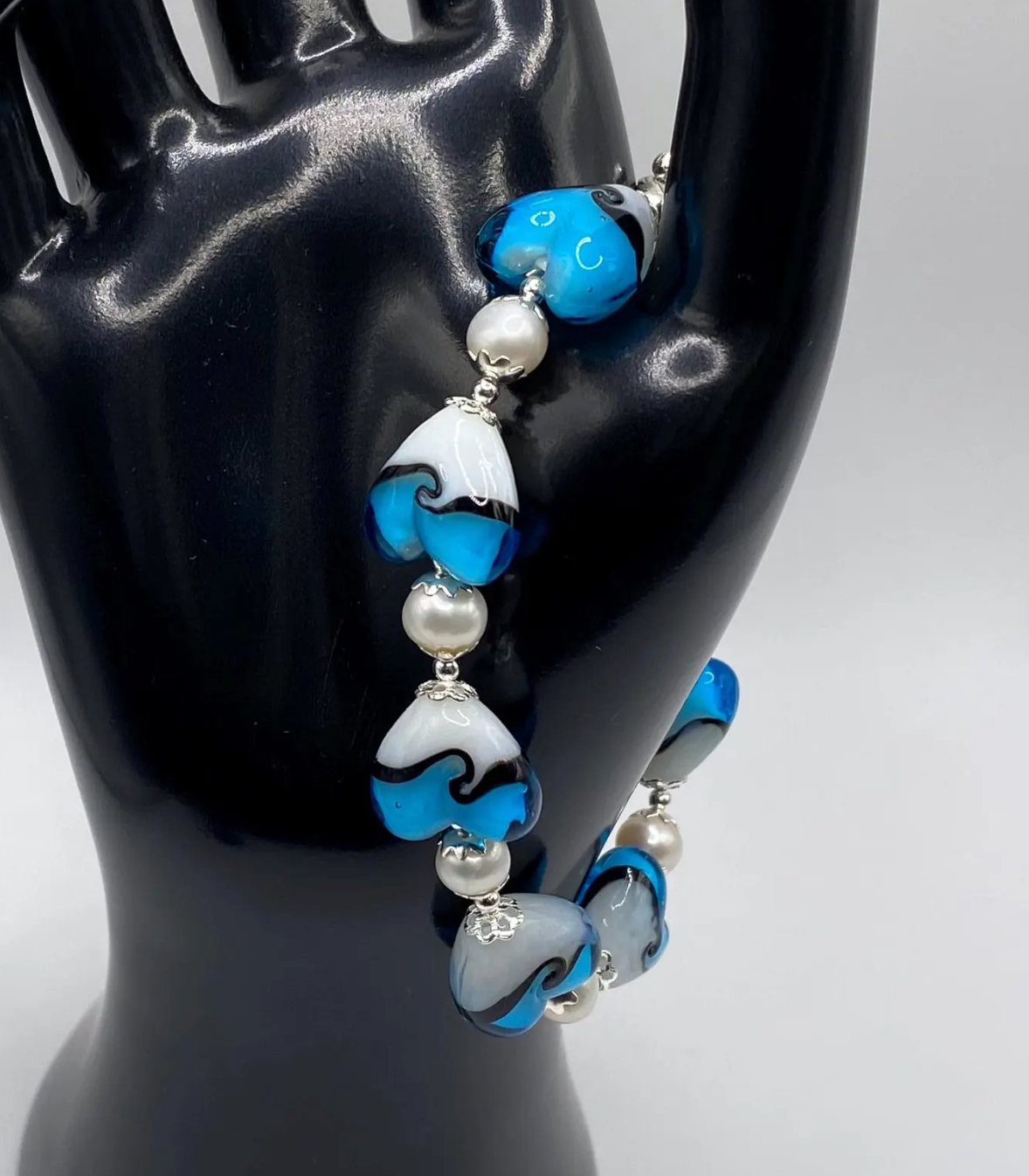 Blue and White Lampwork Heart and Freshwater Pearl Bracelet