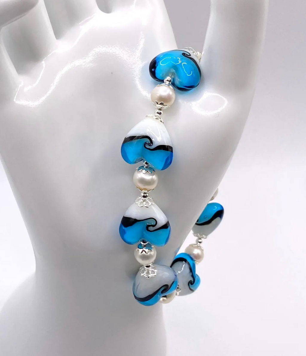 Blue and White Lampwork Heart and Freshwater Pearl Bracelet