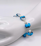 Blue and White Lampwork Heart and Freshwater Pearl Bracelet